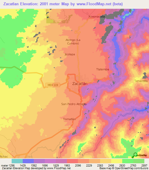 Zacatlan,Mexico Elevation Map