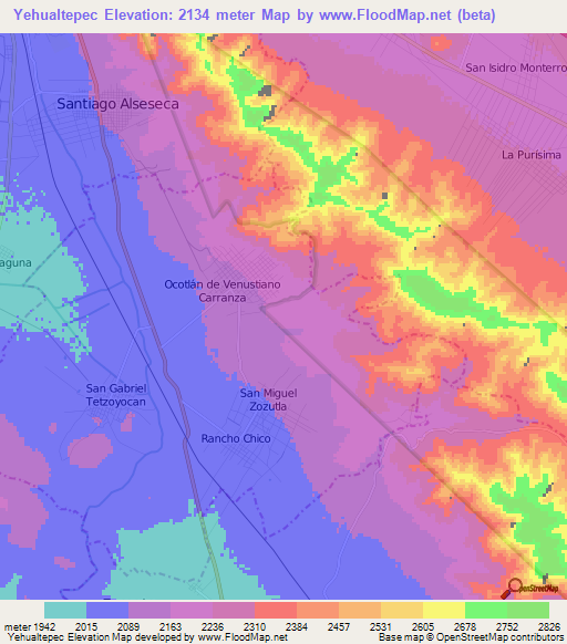 Yehualtepec,Mexico Elevation Map