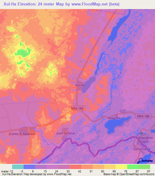 Xul-Ha,Mexico Elevation Map