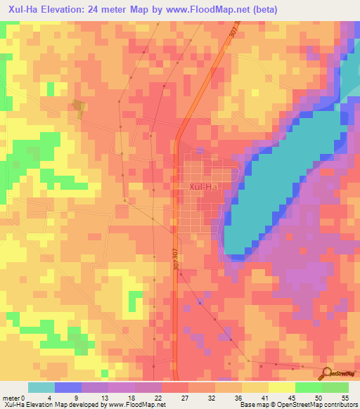 Xul-Ha,Mexico Elevation Map