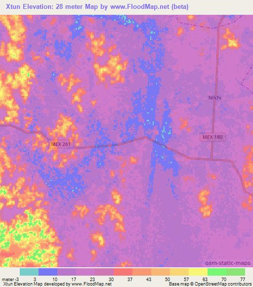 Xtun,Mexico Elevation Map