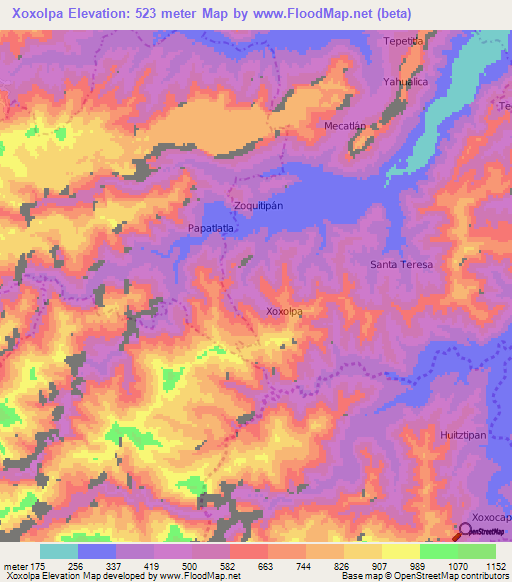 Xoxolpa,Mexico Elevation Map