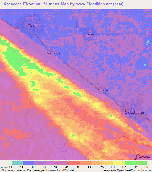 Xocneceh,Mexico Elevation Map