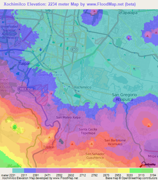 Xochimilco,Mexico Elevation Map