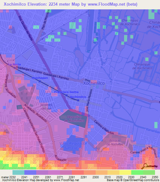 Xochimilco,Mexico Elevation Map