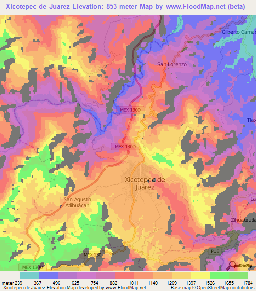 Xicotepec de Juarez,Mexico Elevation Map