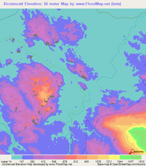 Xicotencatl,Mexico Elevation Map