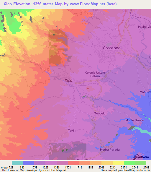 Xico,Mexico Elevation Map