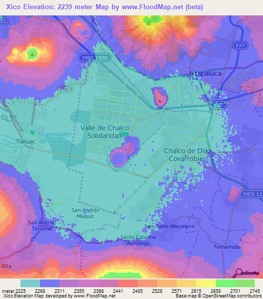 Xico,Mexico Elevation Map