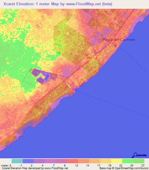 Xcaret,Mexico Elevation Map