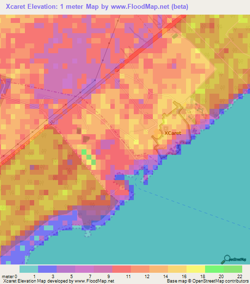 Xcaret,Mexico Elevation Map