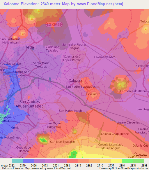 Xalostoc,Mexico Elevation Map