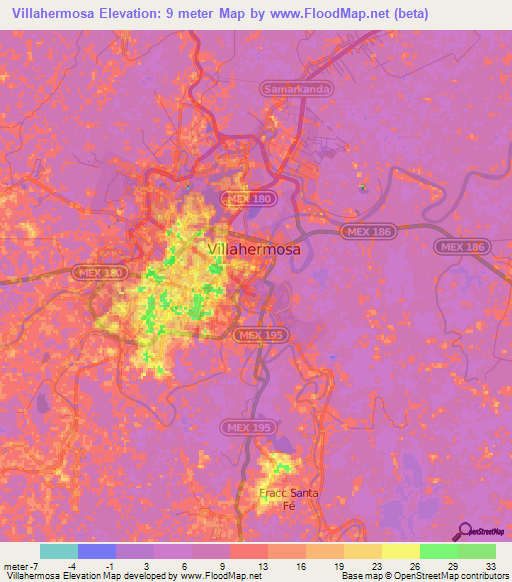 Villahermosa,Mexico Elevation Map