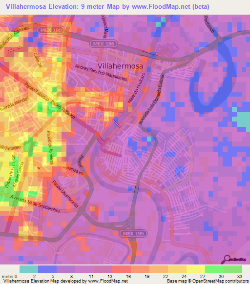 Villahermosa,Mexico Elevation Map