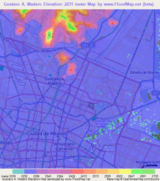 Gustavo A. Madero,Mexico Elevation Map