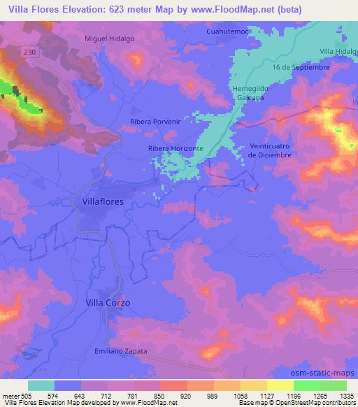 Villa Flores,Mexico Elevation Map
