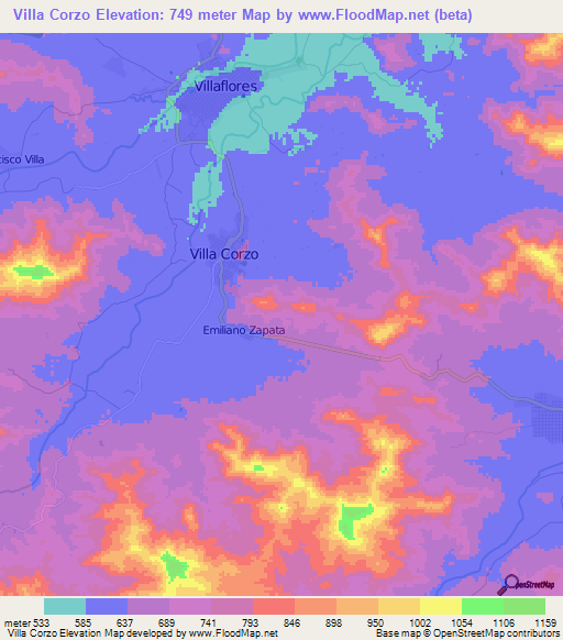 Villa Corzo,Mexico Elevation Map