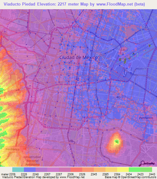 Viaducto Piedad,Mexico Elevation Map