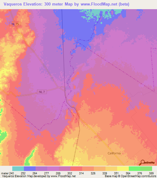 Vaqueros,Mexico Elevation Map