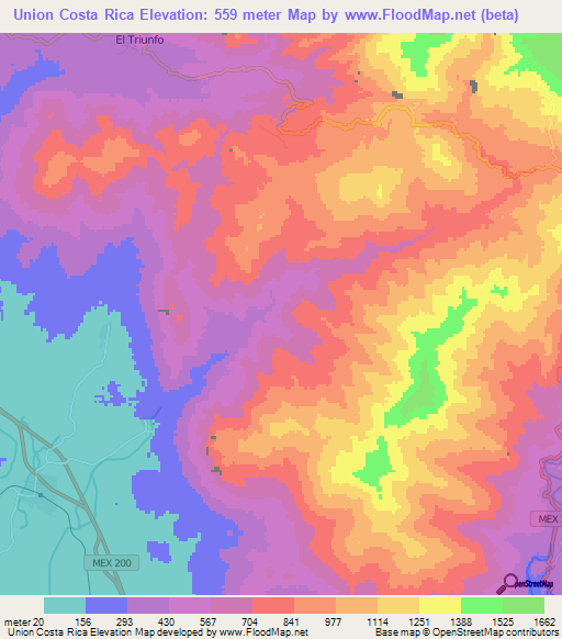 Union Costa Rica,Mexico Elevation Map