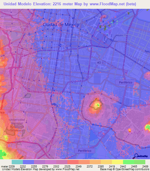 Unidad Modelo,Mexico Elevation Map