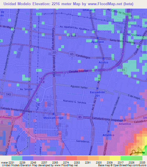 Unidad Modelo,Mexico Elevation Map