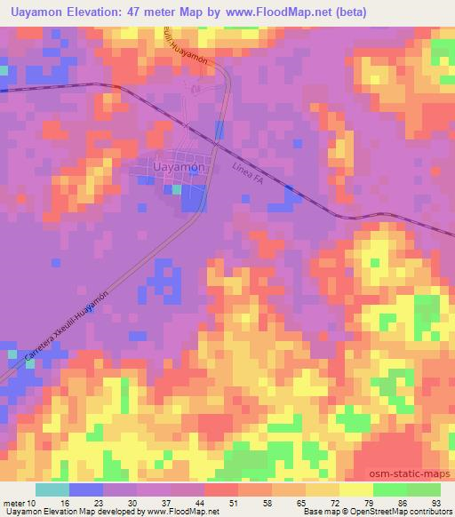 Uayamon,Mexico Elevation Map