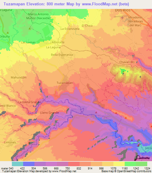 Tuzamapan,Mexico Elevation Map