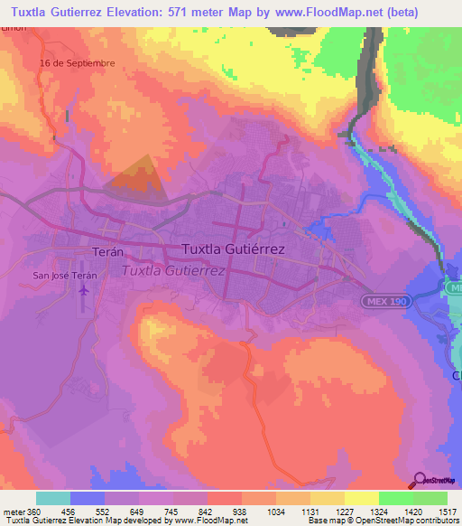 Tuxtla Gutierrez,Mexico Elevation Map