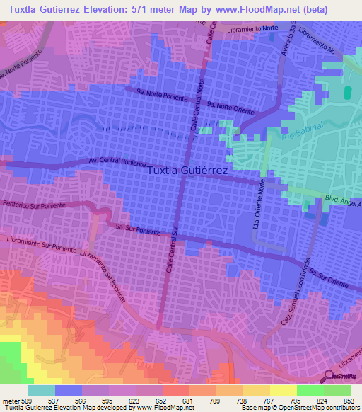 Tuxtla Gutierrez,Mexico Elevation Map