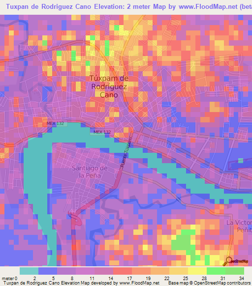 Tuxpan de Rodriguez Cano,Mexico Elevation Map