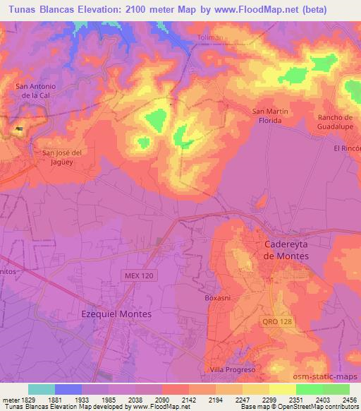 Tunas Blancas,Mexico Elevation Map