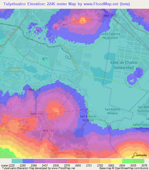 Tulyehualco,Mexico Elevation Map