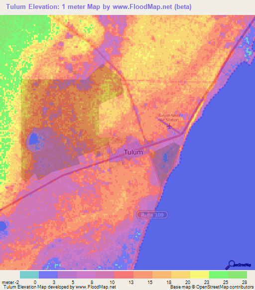 Tulum,Mexico Elevation Map