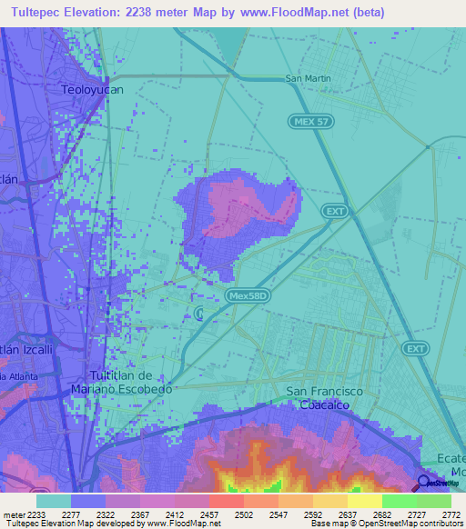 Tultepec,Mexico Elevation Map