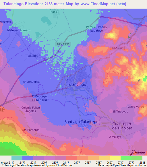 Tulancingo,Mexico Elevation Map