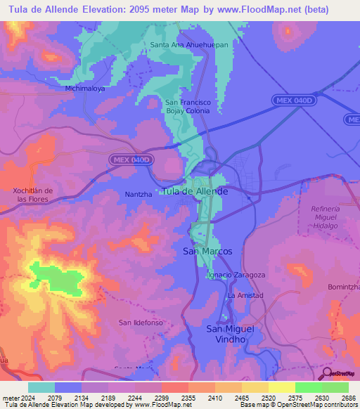 Tula de Allende,Mexico Elevation Map