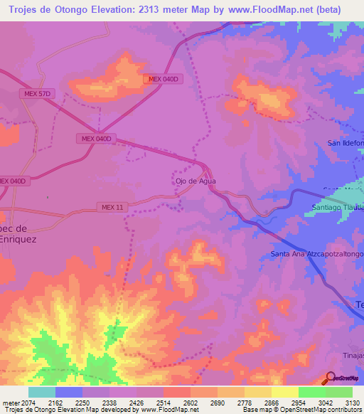 Trojes de Otongo,Mexico Elevation Map