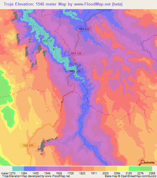 Troje,Mexico Elevation Map