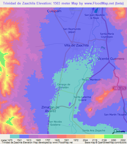 Trinidad de Zaachila,Mexico Elevation Map