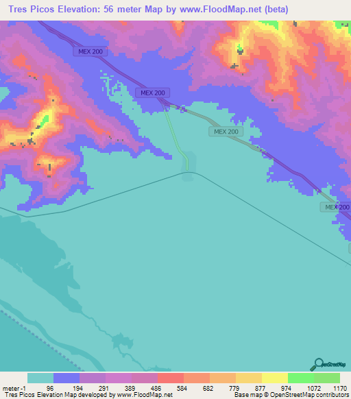 Tres Picos,Mexico Elevation Map