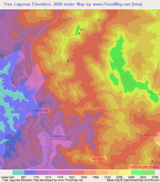 Tres Lagunas,Mexico Elevation Map