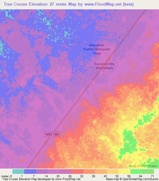 Tres Cruces,Mexico Elevation Map