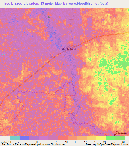 Tres Brazos,Mexico Elevation Map