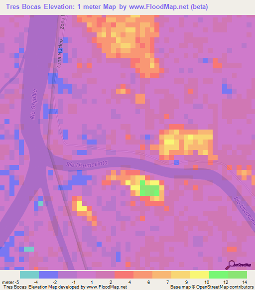 Tres Bocas,Mexico Elevation Map