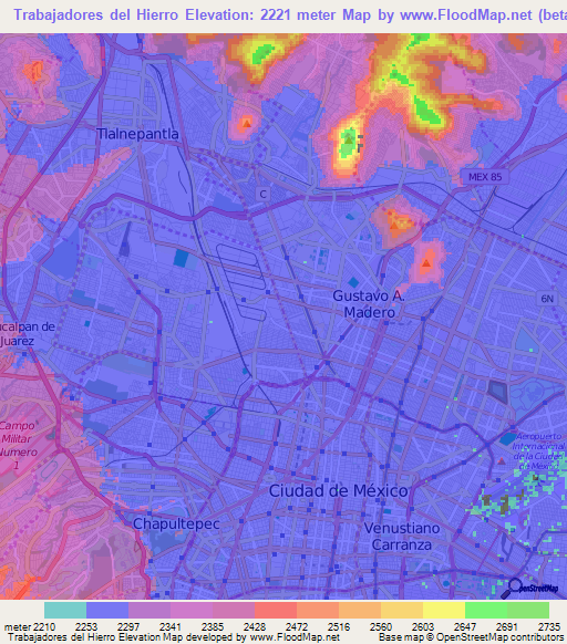 Trabajadores del Hierro,Mexico Elevation Map