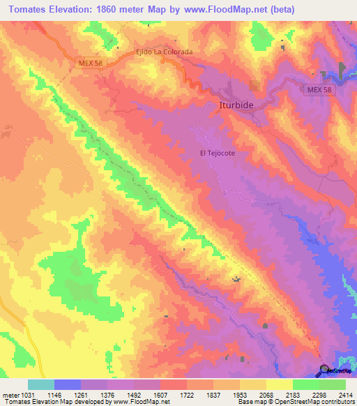 Tomates,Mexico Elevation Map