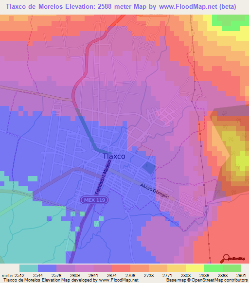 Tlaxco de Morelos,Mexico Elevation Map