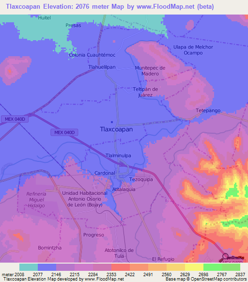 Tlaxcoapan,Mexico Elevation Map