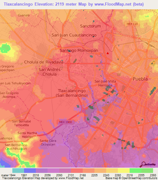 Tlaxcalancingo,Mexico Elevation Map